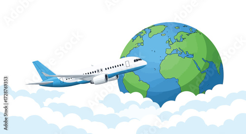 flat vector illustration of a modern airplane flying above clouds with a globe in the background, symbolizing International Civil Aviation Day, bright and clean design, isolated on white background