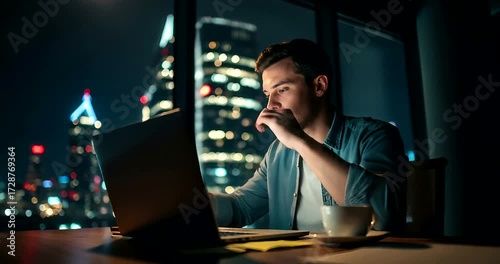 Frustrated Man Working Late on Laptop with City Skyline View, deadline pressure
