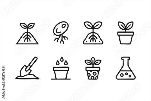 Biology and science icons set with plant roots, soil, and cultivation symbols outline illustration
