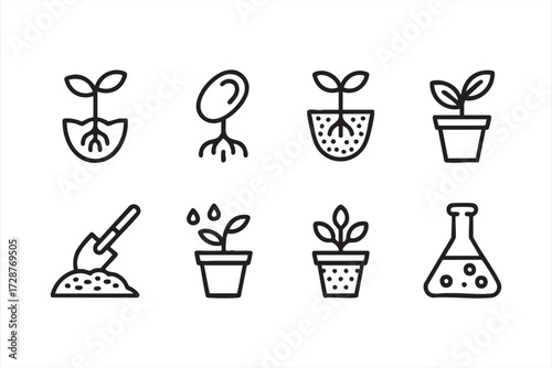 Agriculture and eco symbols pack featuring sprout, water drops, shovel, and laboratory flask vector design