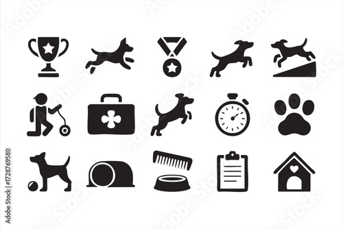 Competition and sport dog icons set with paw, trophy, and pet house outline vector illustration