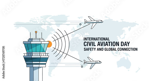 Minimal 2D flat vector showing an airport control tower guiding planes in the sky, symbol of safety and global connection for International Civil Aviation Day, modern infographic style