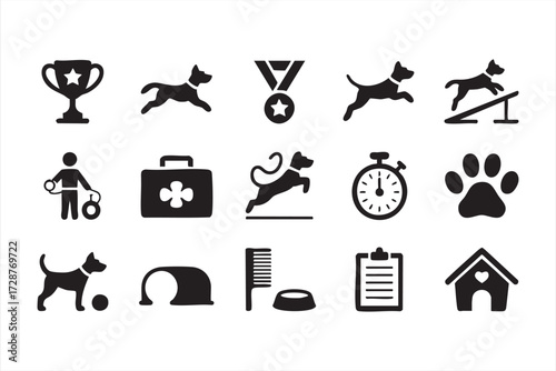 Dog training icons set with agility, competition, paw print, and trophy outline vector illustration