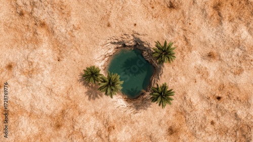 Aerial View of a Small Desert Oasis Surrounded by Palm Trees and Sand Under a Clear Sky