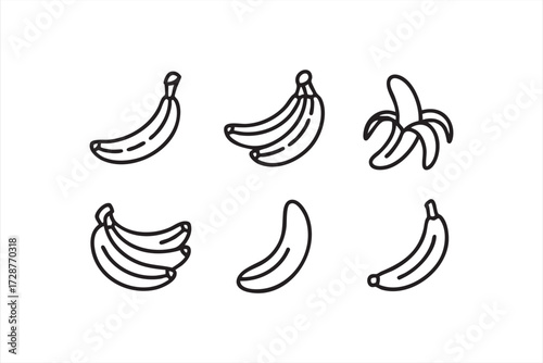 Healthy food banana icons collection featuring fruit bunches and peeled bananas vector design