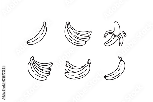 Tropical banana vector pack with single fruit, bunches, and peeled bananas outline illustration
