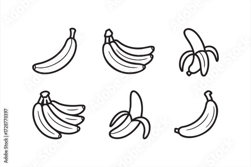 Banana fruit icons set with peeled bananas and bunches outline vector illustration for healthy food design