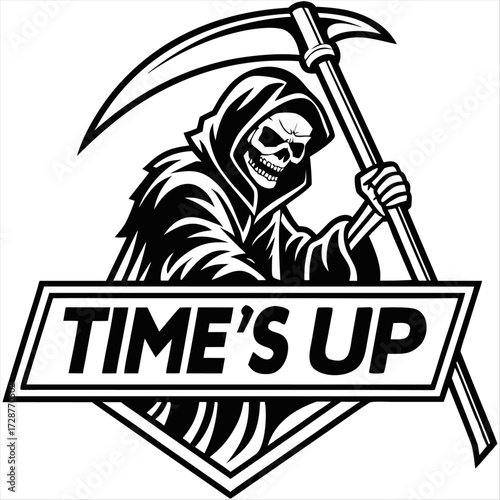 Menacing Grim Reaper with Scythe and "Time's Up" Text Vector Illustration Striking Black and White Design for Death, Mortality, or Warning Concepts on a white background