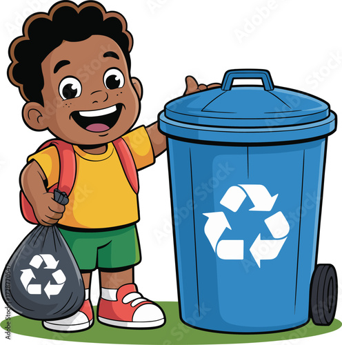 recycling, child, African, sustainability, environment, waste, management, education, cartoon, illustration, green, bin, bag, blue, awareness, friendly, trash, initiative, eco, cleanup