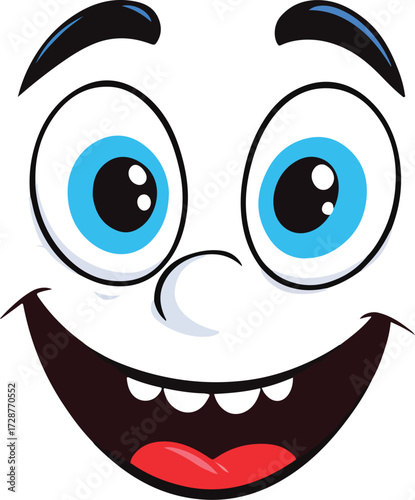 Cartoon-style happy face with wide eyes, arched brows, and open smile in expressive character illustration