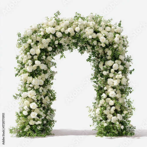 
A white wedding arch adorned with white roses and lush greenery, set against a clean white background with no shadows or text in the design. 