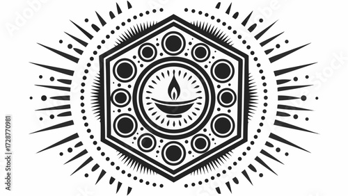 Aesthetic illustration of a candle flame inside a hexagon surrounded by dots and radiating lines design