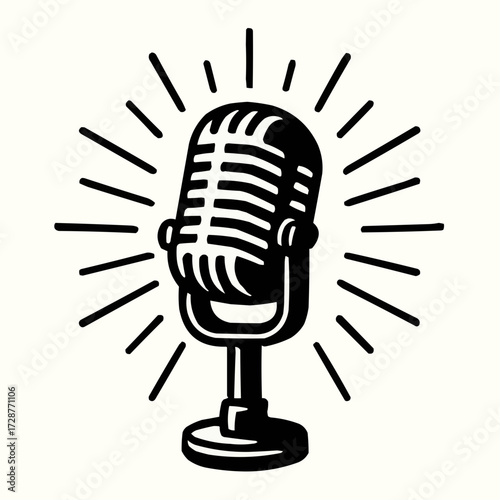 A vector illustration of a classic retro microphone on a black background, an old equipment symbol for music and radio sound entertainment