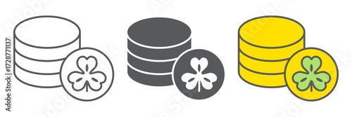 Clover coins icon, st patrick s day and holiday, clover golden coins sign, vector graphics, a linear pattern on a white background, editable stroke.