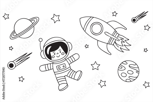Cartoon astronaut floating in space with rocket and planets outline vector illustration for learning activities