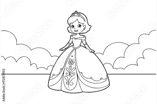 Cartoon princess outline illustration with gown and tiara for kids coloring book and fairytale design