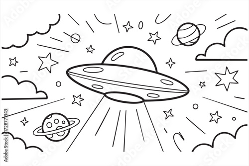 Coloring page UFO cartoon with stars, moon, and planets outline vector for children’s activity book