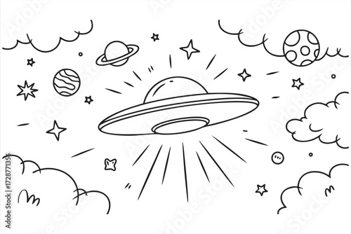 Cartoon UFO spaceship flying in outer space with planets and stars outline illustration for kids coloring book