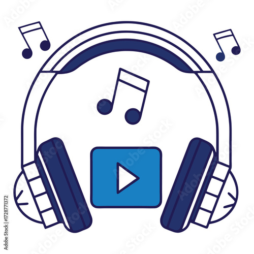 Headphones with musical notes and play button icon for audio production and music creation 