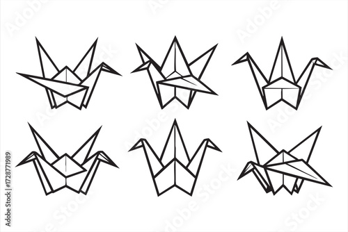 Outline icons of origami cranes set featuring paper art folding bird vector illustrations
