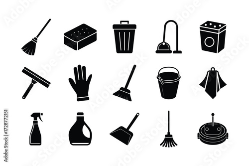 Cleaning Tools Icon Bundle | Housekeeping, Hygiene, Janitor, Laundry, Vacuum, Mop, Broom, Bucket, Spray"