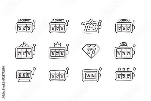 Outline vector icons of casino gambling elements including lucky seven, jackpot, and crown design
