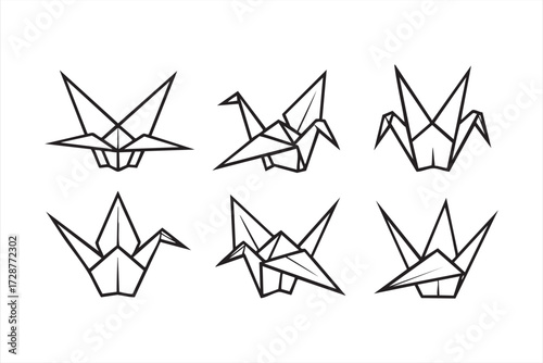 Origami crane icons vector set with Japanese paper folding bird designs outline illustration