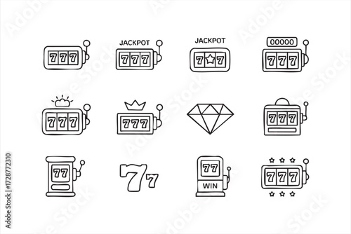 Casino slot machine icons vector set with jackpot, lucky seven, and gambling symbols outline illustration