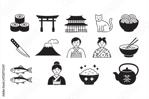 Traditional Japanese culture vector icons with geisha, kimono, torii gate, and food illustration