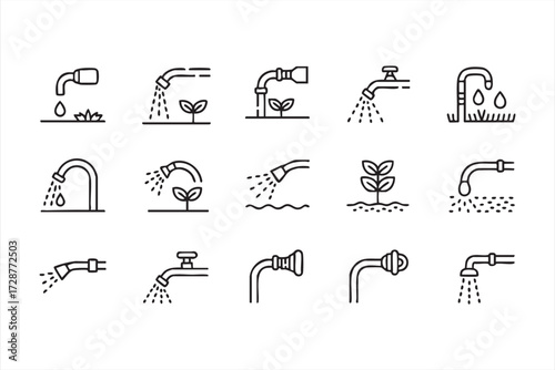 Outline illustration of irrigation and water faucets with farming and gardening elements for sustainability concepts