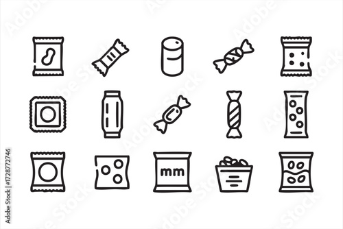 Food packaging vector set of snacks and sweets including chips, popcorn, and candy bars outline illustration