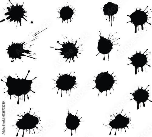 Black ink splatter. Vector watercolor paint brush texture. Ink splash and stain set