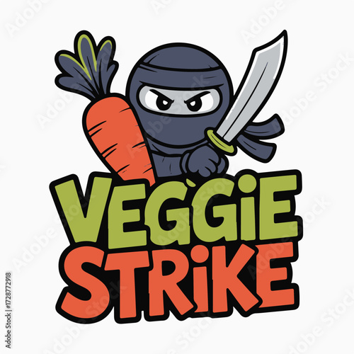 Humorous cartoon doodle of a stealthy ninja carrot character with a determined expression ready for action isolated on white background