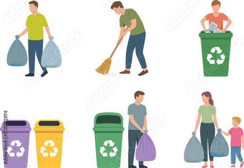 Recycling, waste management, garbage collection, community cleanup, environmental responsibility, sustainability, trash sorting, eco-friendly habits, bins, teamwork,