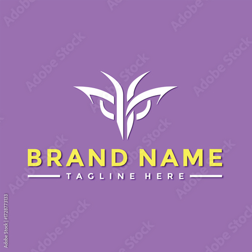 Vector art of abstract white logo with stylized wings or petals on a purple background with text brand name and tagline here
