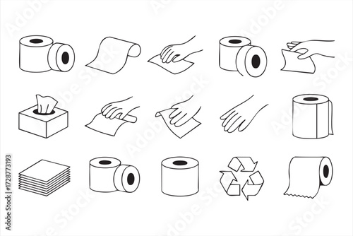 Household hygiene icons set with paper rolls, napkins, tissues, and cleaning products vector illustration
