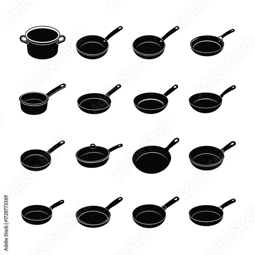 "Black Silhouette Frying Pan and Cookware Icon Set"