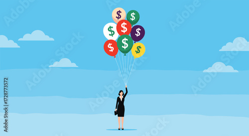 A businesswoman holding balloons filled with money soaring into the sky.