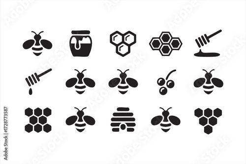 Honey and bee icons set with honeycomb, jar, dipper, and hive vector illustration for organic food design