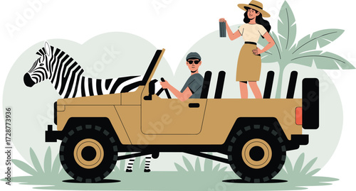 Safari adventure, wildlife exploration, zebra encounter, off-road vehicle, jungle foliage, binoculars, travel photography, nature tour, outdoor expedition, safari guide, animal spotting
