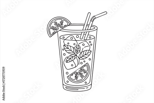 Refreshing cocktail with citrus fruit, mint leaves, and ice cubes outline drawing for menu template