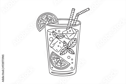 Summer lemonade glass with ice cubes and citrus slices line art illustration for cafe and beverage design