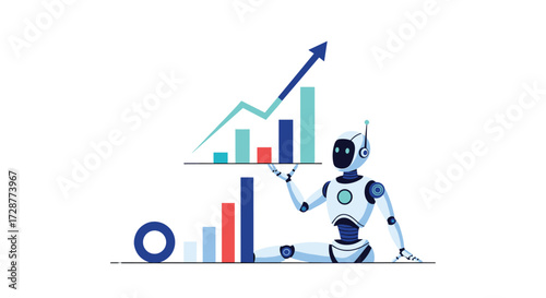 Artificial intelligence driving business growth and financial analytics with a robot interacting with charts and graphs.