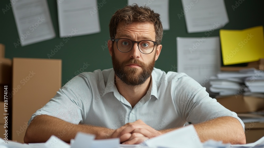 Fototapeta premium Focused Business Owner Sitting at a Cluttered Desk Surrounded by Paperwork and Supplies