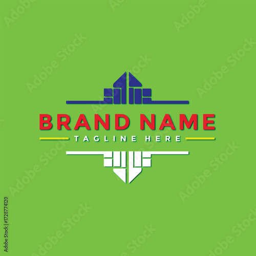 Vector art of geometric logo with blue and red elements on a green background with text brand name and tagline here
