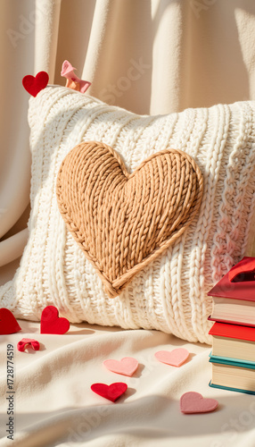 Cozy heart-shaped pillow with decorative hearts and books on fabric  
