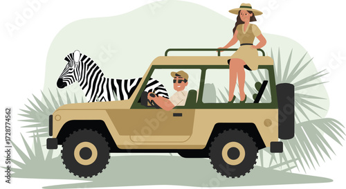 Safari jeep, zebra encounter, wildlife tour, nature adventure, tropical foliage, animal observation, travel exploration, safari people, jungle vehicle, outdoor expedition