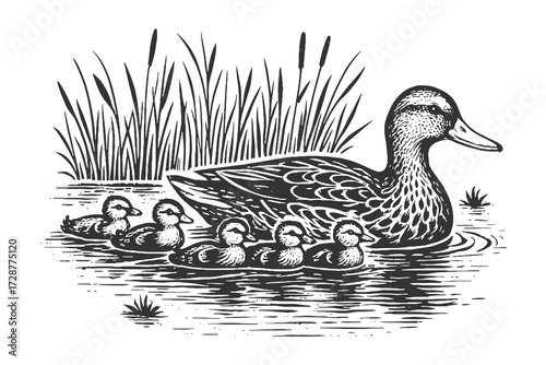 Detailed engraving of a duck swimming with ducklings in a calm lake surrounded by grass.