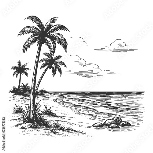 Vintage beach scene with palm trees, sand, and ocean waves in engraving style illustration.