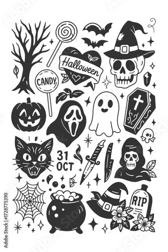 halloween illustration set with pumpkin, ghost, witch, cat, skull, spider, and festive spooky icons.